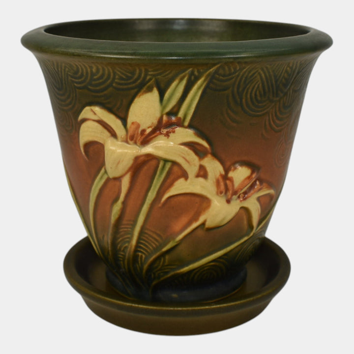 Roseville Zephyr Lily Brown 1946 Vintage Art Pottery Flower Pot And Saucer 672-5 - Just Art Pottery