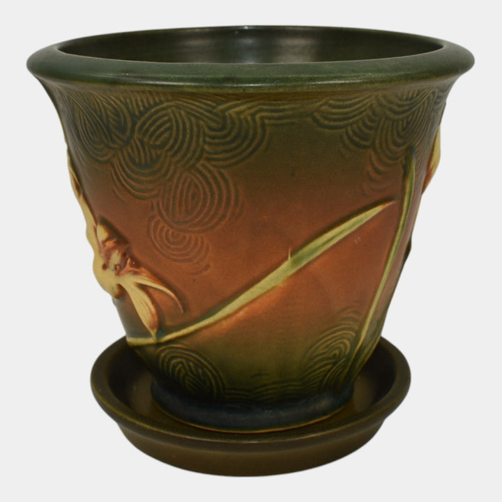 Roseville Zephyr Lily Brown 1946 Vintage Art Pottery Flower Pot And Saucer 672-5 - Just Art Pottery