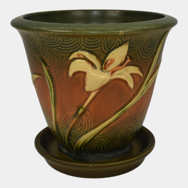 Roseville Zephyr Lily Brown 1946 Vintage Art Pottery Flower Pot And Saucer 672-5 - Just Art Pottery