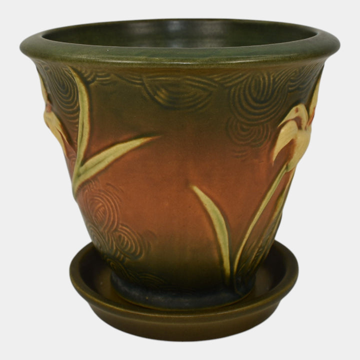 Roseville Zephyr Lily Brown 1946 Vintage Art Pottery Flower Pot And Saucer 672-5 - Just Art Pottery