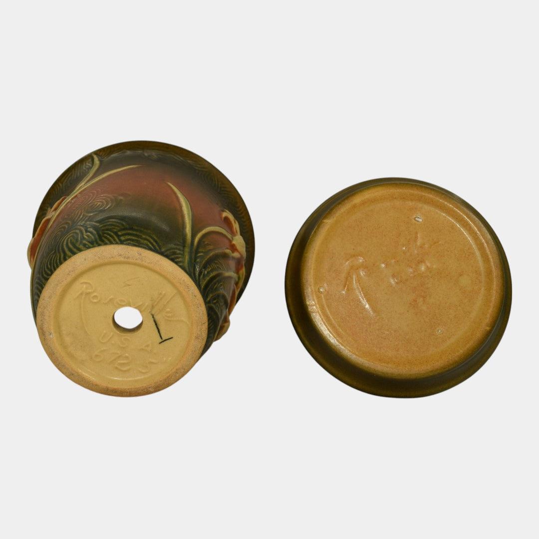 Roseville Zephyr Lily Brown 1946 Vintage Art Pottery Flower Pot And Saucer 672-5 - Just Art Pottery