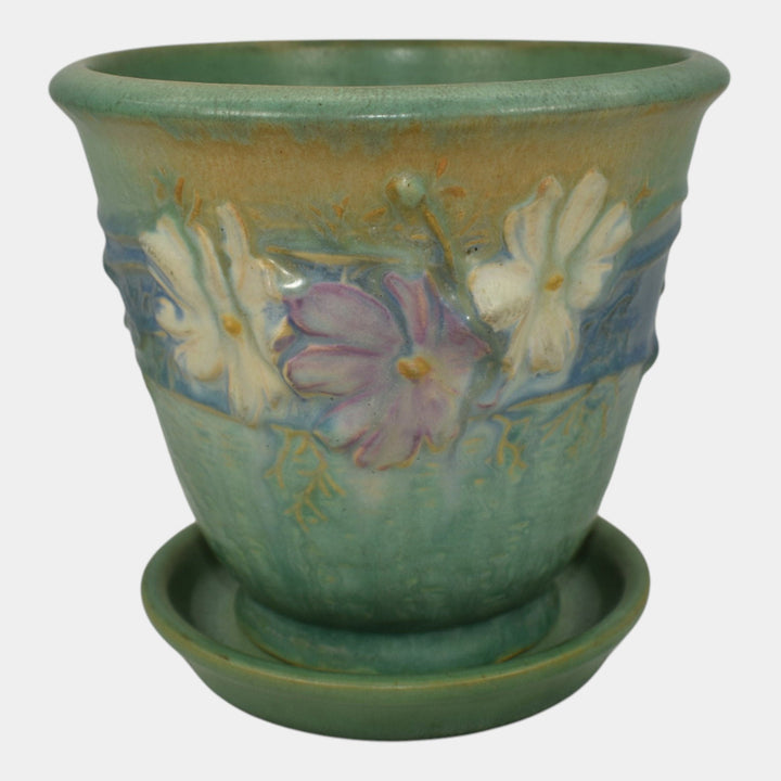 Roseville Cosmos Green 1939 Vintage Art Pottery Flower Pot And Saucer 650-5
