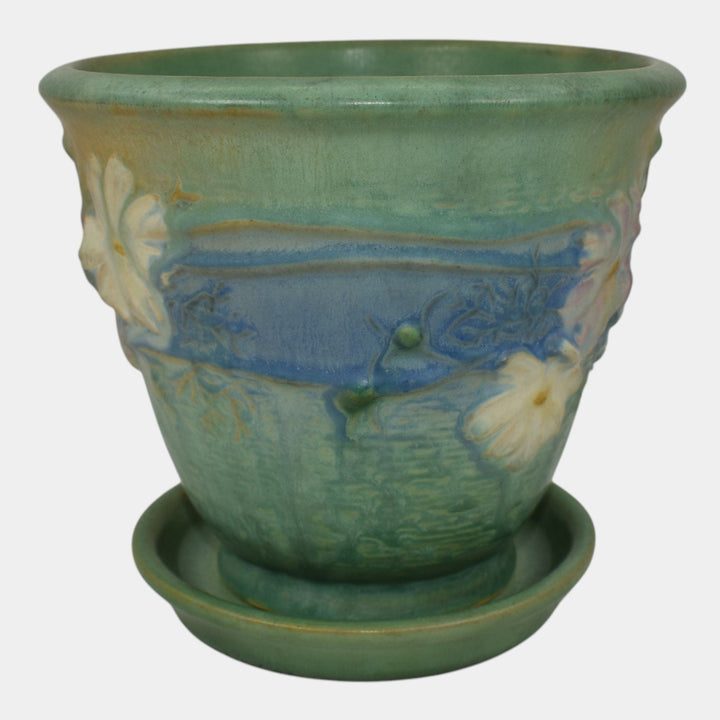 Roseville Cosmos Green 1939 Vintage Art Pottery Flower Pot And Saucer 650-5