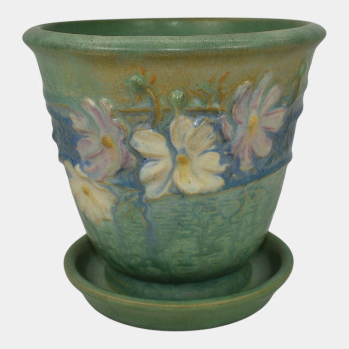 Roseville Cosmos Green 1939 Vintage Art Pottery Flower Pot And Saucer 650-5
