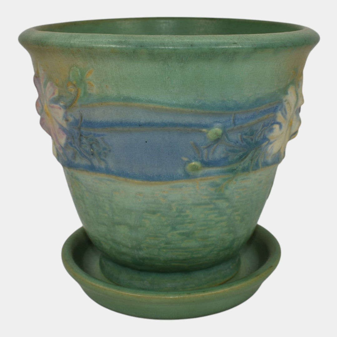 Roseville Cosmos Green 1939 Vintage Art Pottery Flower Pot And Saucer 650-5