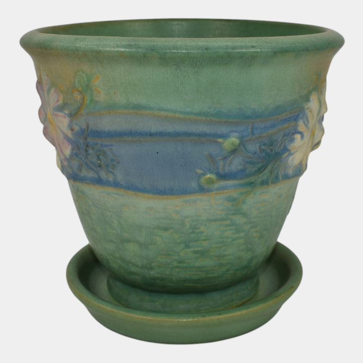 Roseville Cosmos Green 1939 Vintage Art Pottery Flower Pot And Saucer 650-5