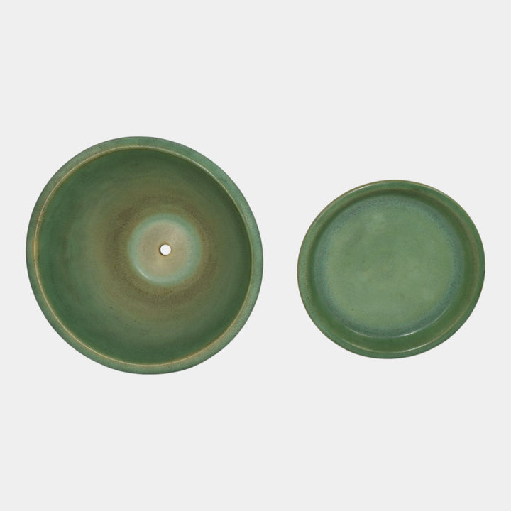 Roseville Cosmos Green 1939 Vintage Art Pottery Flower Pot And Saucer 650-5