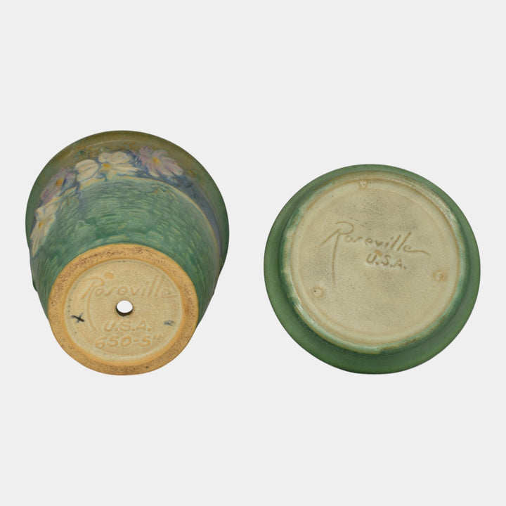 Roseville Cosmos Green 1939 Vintage Art Pottery Flower Pot And Saucer 650-5