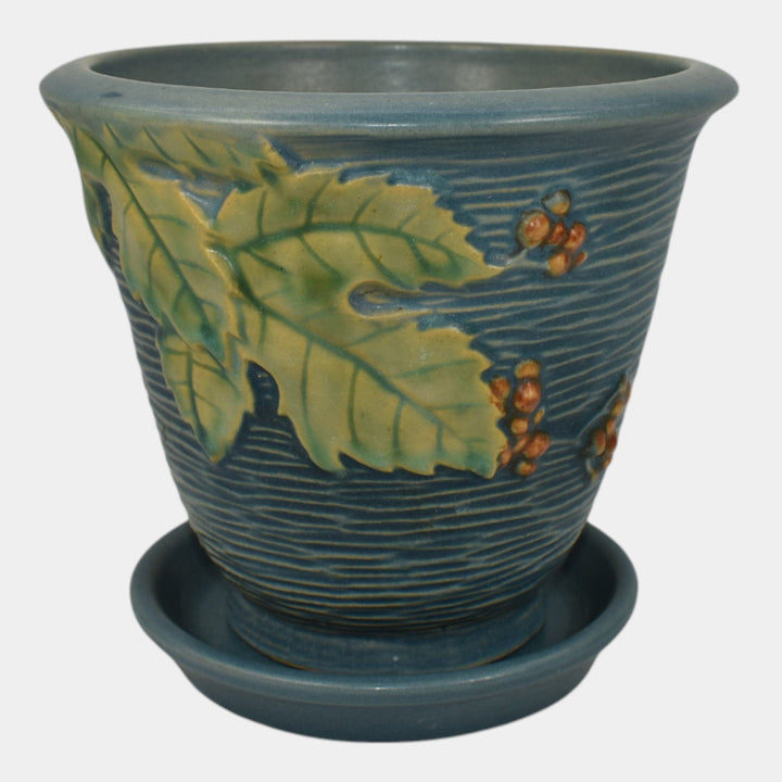 Roseville Bushberry Blue 1941 Vintage Art Pottery Flower Pot And Saucer 658-5