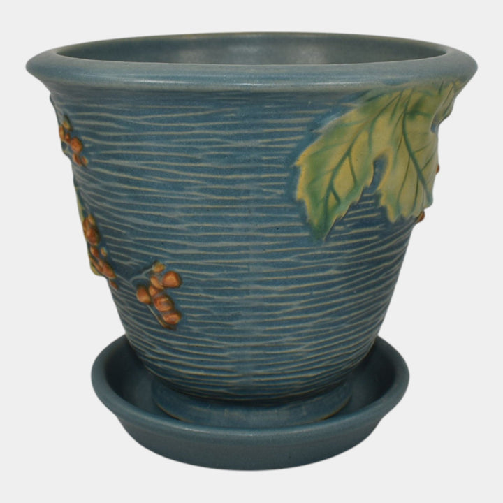 Roseville Bushberry Blue 1941 Vintage Art Pottery Flower Pot And Saucer 658-5