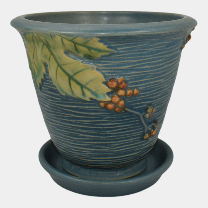 Roseville Bushberry Blue 1941 Vintage Art Pottery Flower Pot And Saucer 658-5