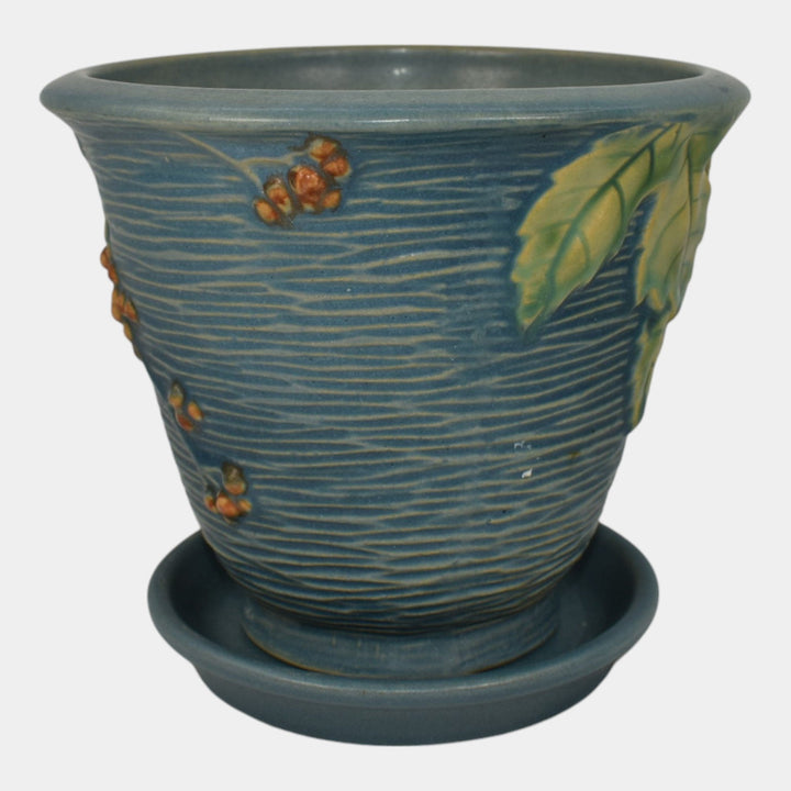 Roseville Bushberry Blue 1941 Vintage Art Pottery Flower Pot And Saucer 658-5