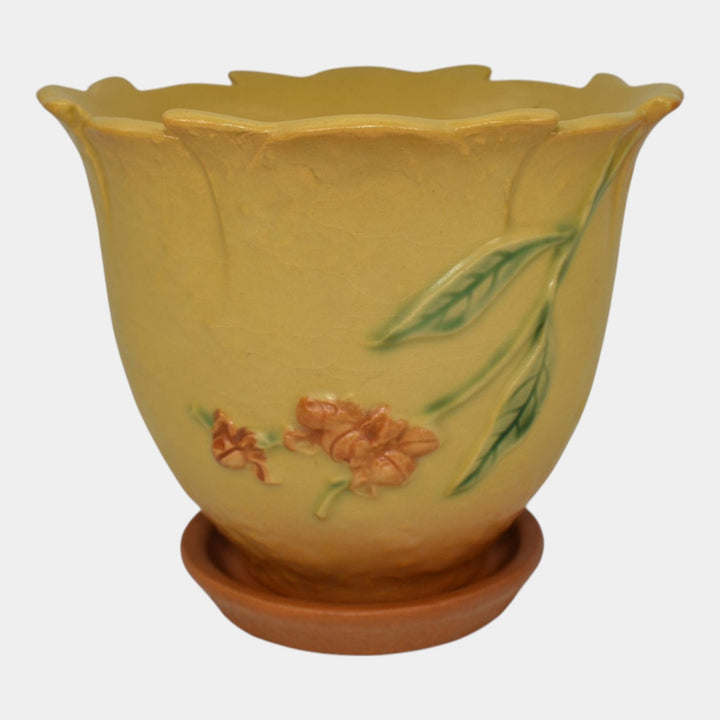 Roseville Ixia Yellow 1937 Art Deco Pottery Flower Pot Planter Saucer 856-5