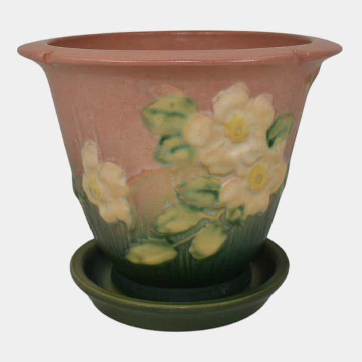 Roseville White Rose Pink 1940 Vintage Art Pottery Flower Pot And Saucer 654-5
