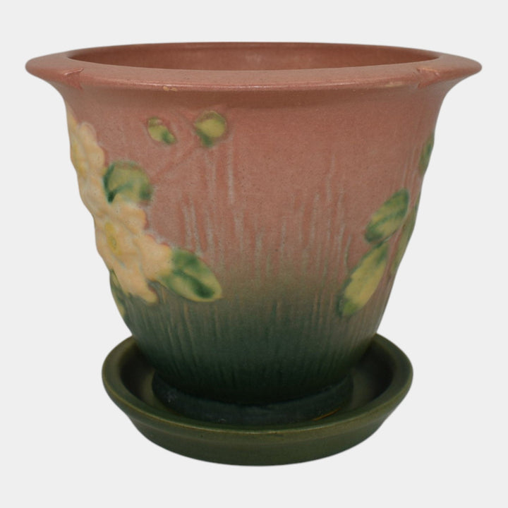 Roseville White Rose Pink 1940 Vintage Art Pottery Flower Pot And Saucer 654-5