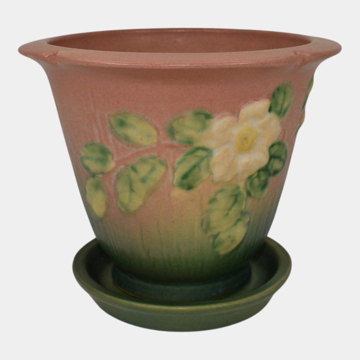 Roseville White Rose Pink 1940 Vintage Art Pottery Flower Pot And Saucer 654-5