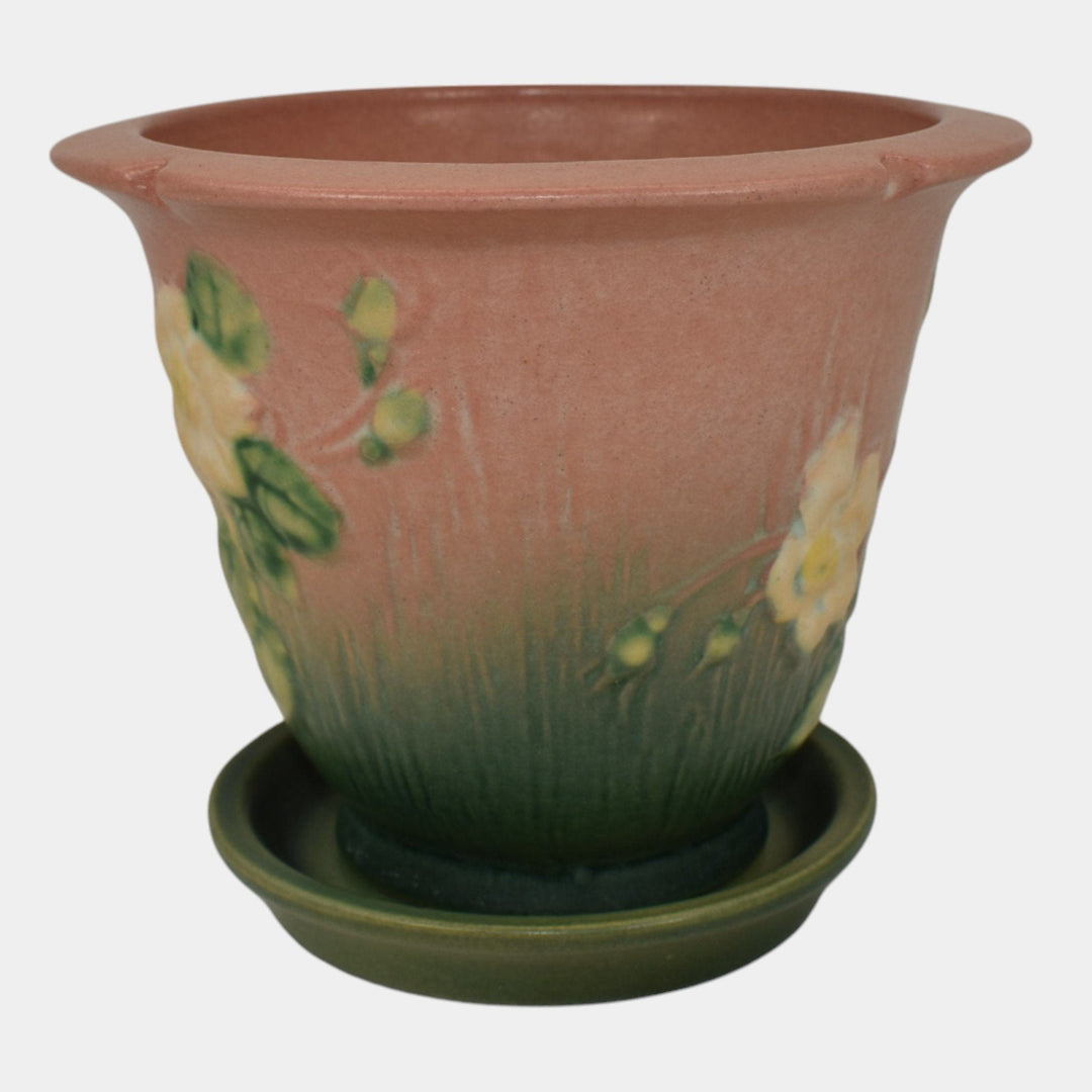 Roseville White Rose Pink 1940 Vintage Art Pottery Flower Pot And Saucer 654-5