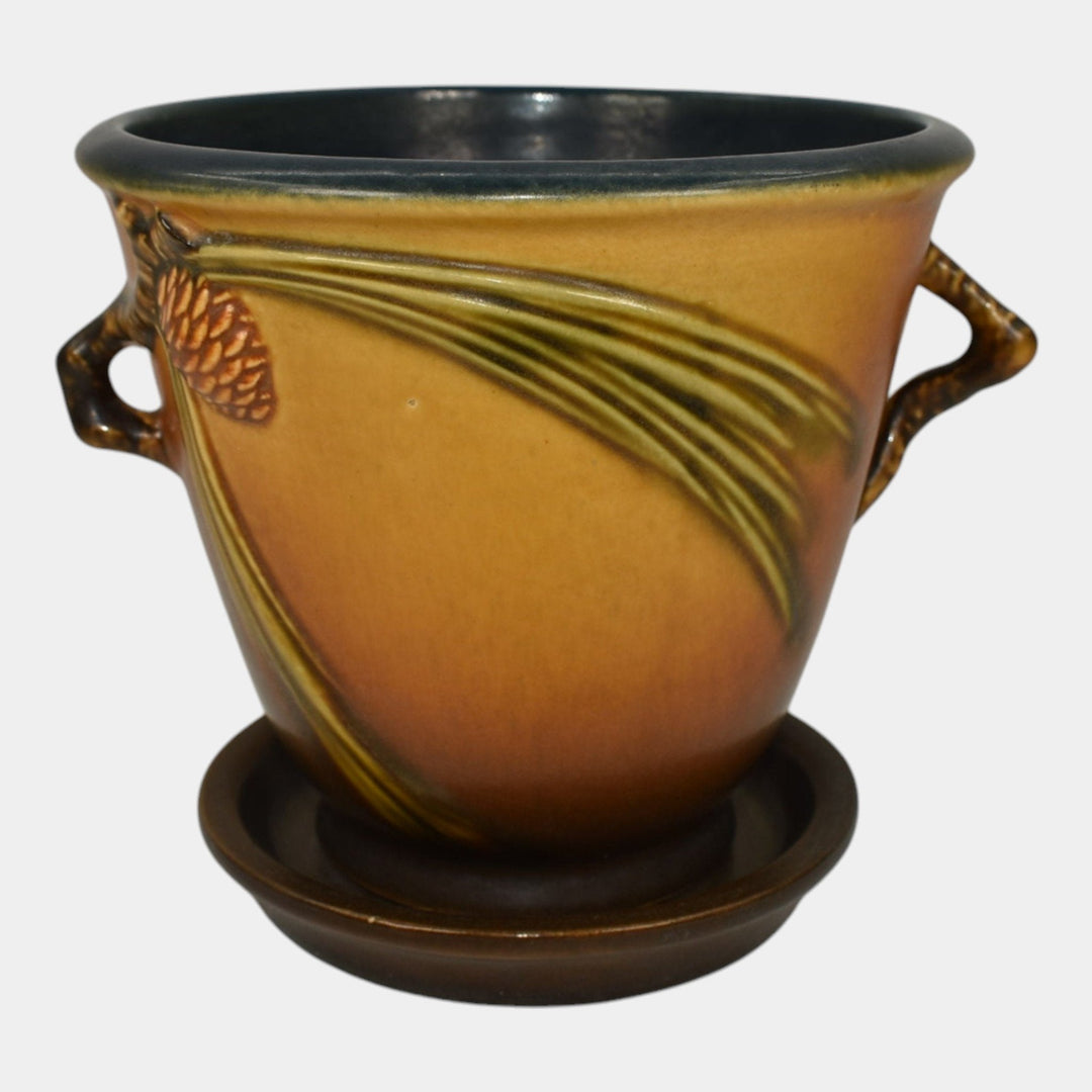 Roseville Pine Cone Brown 1936 Vintage Art Pottery Flower Pot And Saucer 633-5