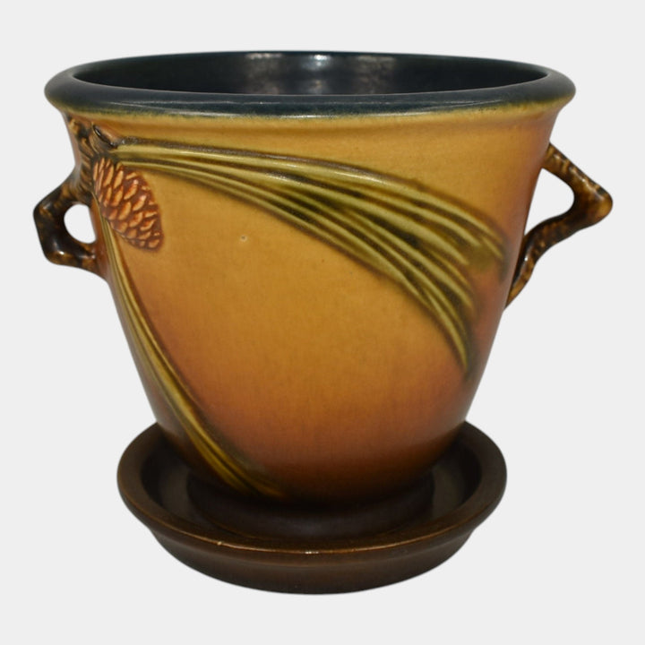 Roseville Pine Cone Brown 1936 Vintage Art Pottery Flower Pot And Saucer 633-5