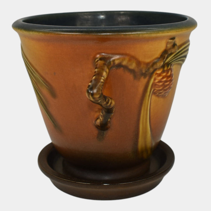 Roseville Pine Cone Brown 1936 Vintage Art Pottery Flower Pot And Saucer 633-5