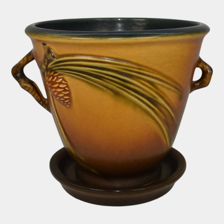 Roseville Pine Cone Brown 1936 Vintage Art Pottery Flower Pot And Saucer 633-5