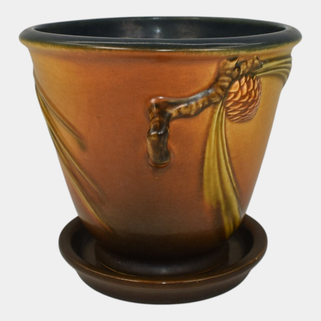 Roseville Pine Cone Brown 1936 Vintage Art Pottery Flower Pot And Saucer 633-5