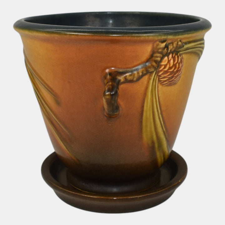 Roseville Pine Cone Brown 1936 Vintage Art Pottery Flower Pot And Saucer 633-5
