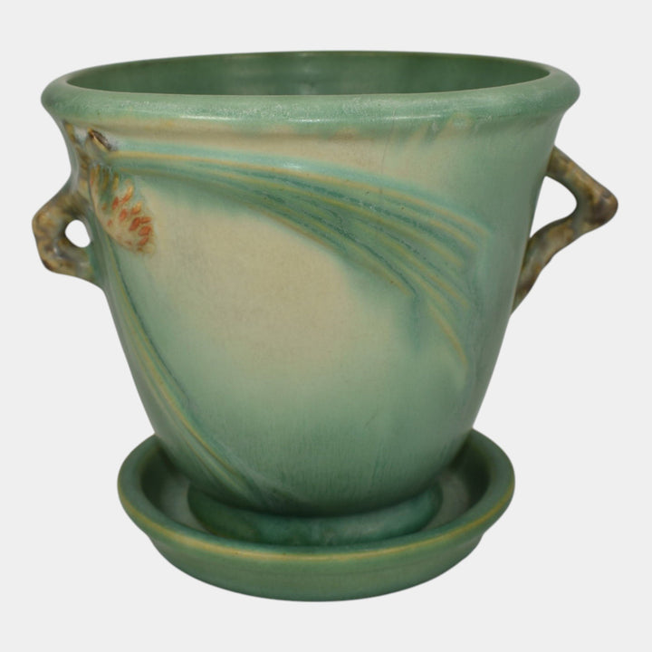 Roseville Pine Cone Green 1936 Vintage Art Pottery Flower Pot And Saucer 633-5 - Just Art Pottery