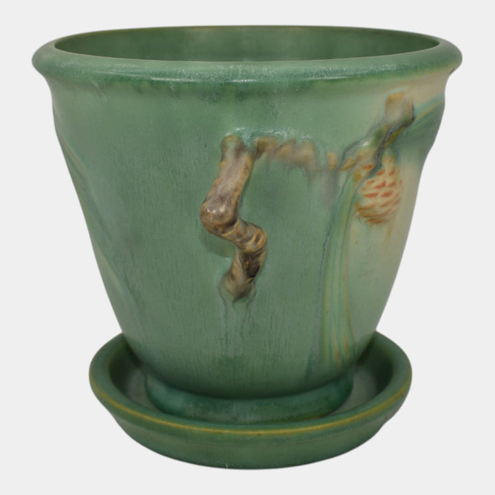 Roseville Pine Cone Green 1936 Vintage Art Pottery Flower Pot And Saucer 633-5 - Just Art Pottery