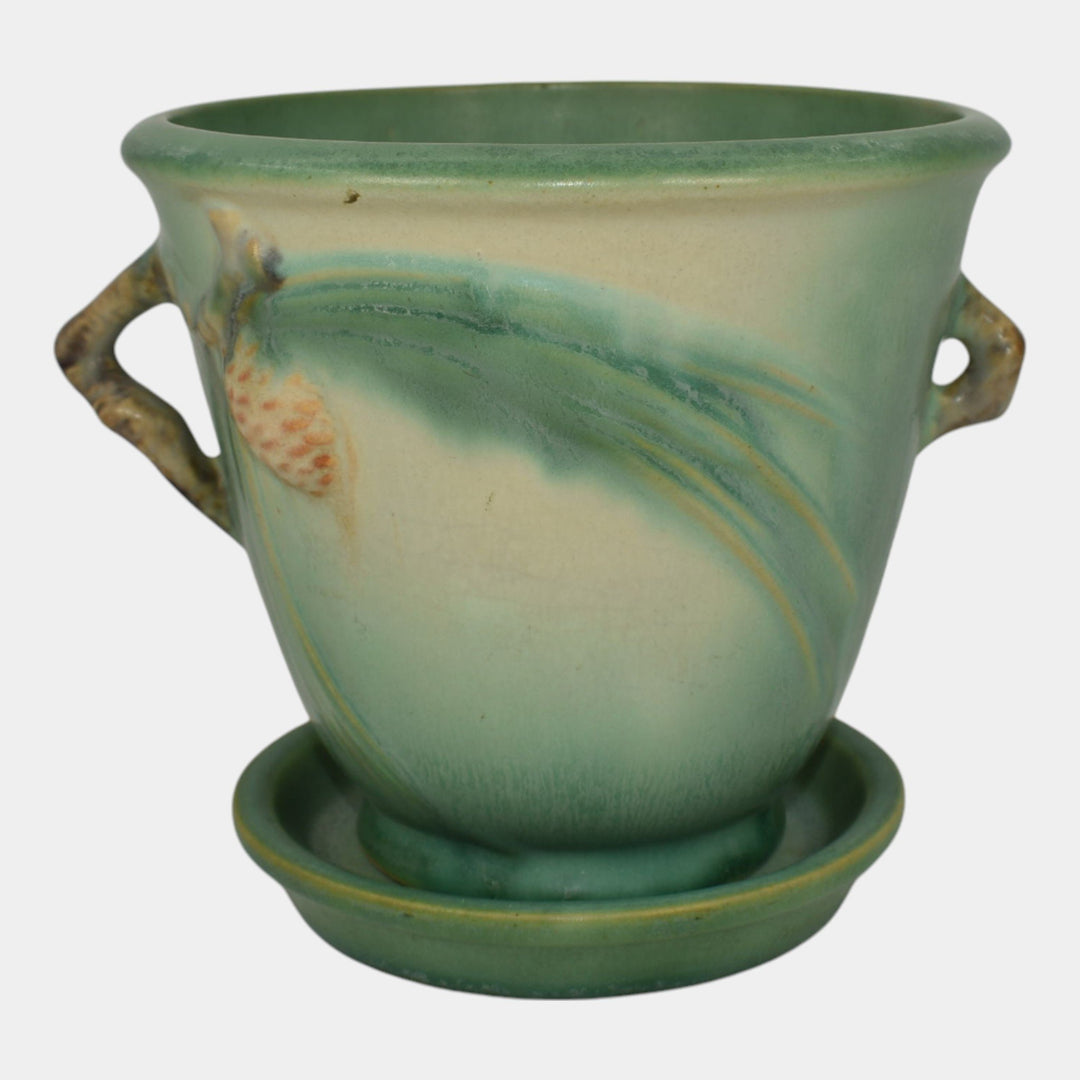 Roseville Pine Cone Green 1936 Vintage Art Pottery Flower Pot And Saucer 633-5 - Just Art Pottery