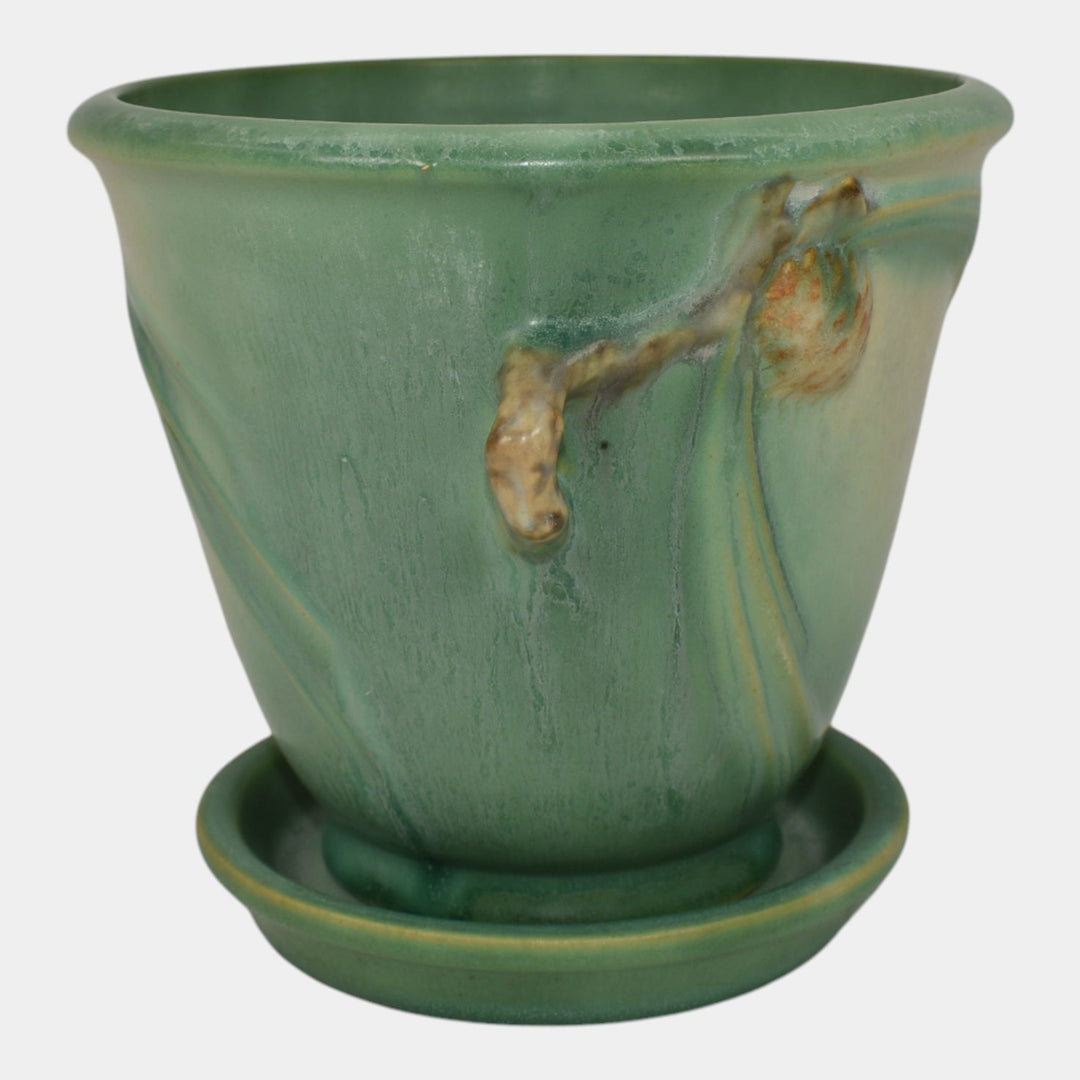 Roseville Pine Cone Green 1936 Vintage Art Pottery Flower Pot And Saucer 633-5 - Just Art Pottery