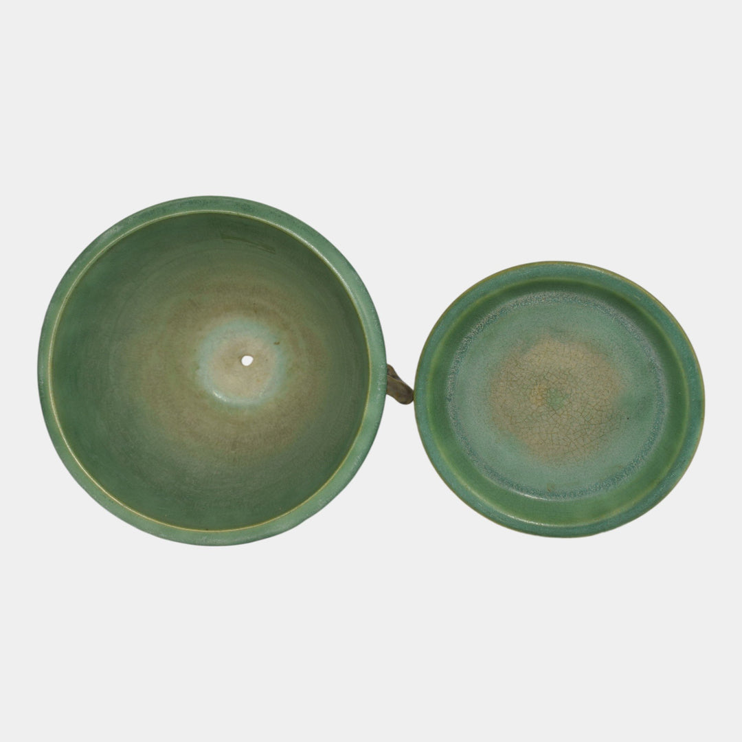 Roseville Pine Cone Green 1936 Vintage Art Pottery Flower Pot And Saucer 633-5 - Just Art Pottery