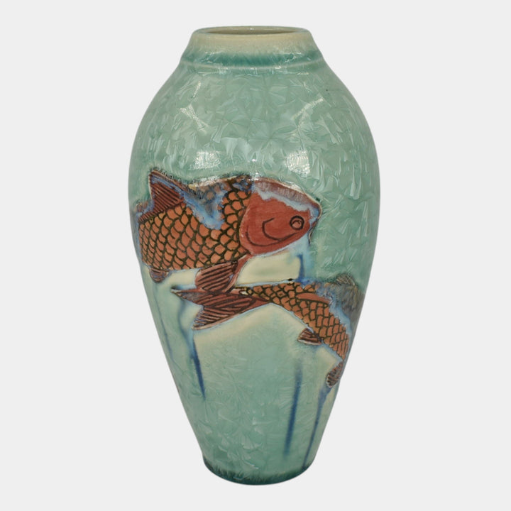 Door Studio Art Pottery Hand Thrown Blue Green Crystalline Koi Fish Vase Kreigh