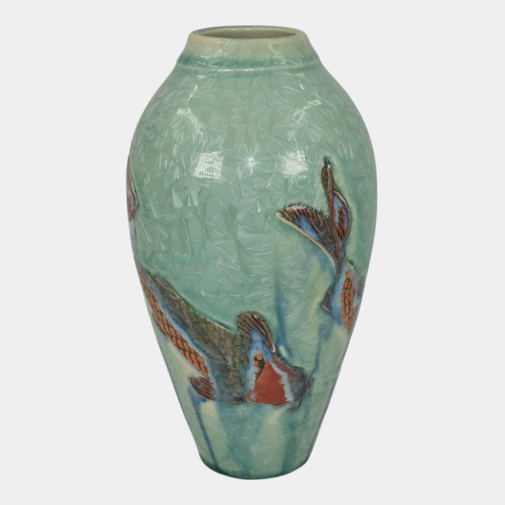 Door Studio Art Pottery Hand Thrown Blue Green Crystalline Koi Fish Vase Kreigh