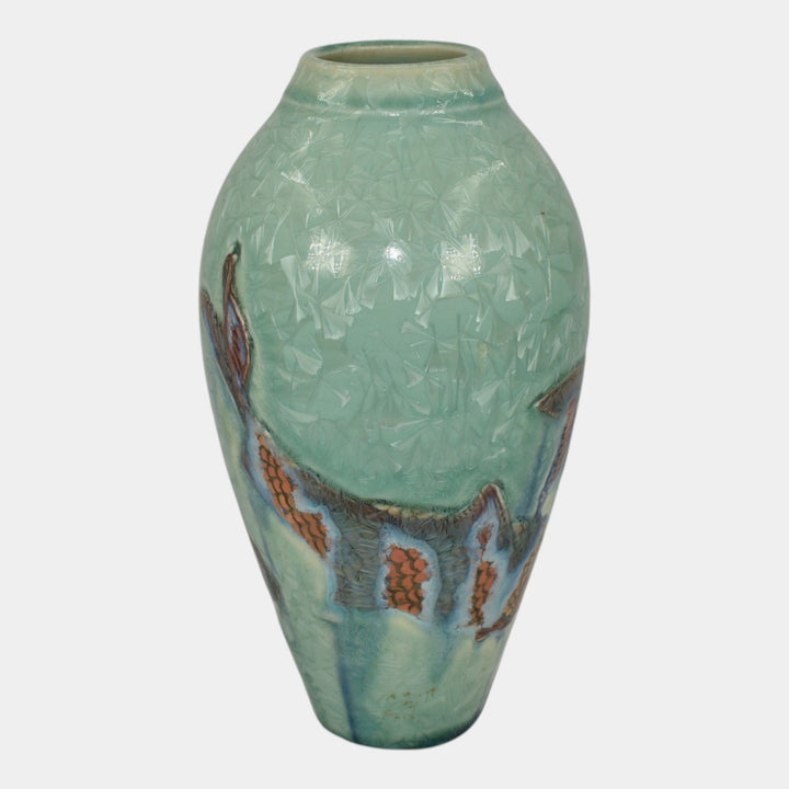 Door Studio Art Pottery Hand Thrown Blue Green Crystalline Koi Fish Vase Kreigh