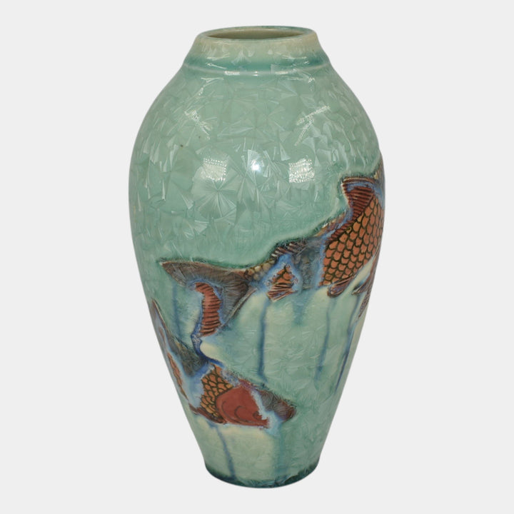 Door Studio Art Pottery Hand Thrown Blue Green Crystalline Koi Fish Vase Kreigh
