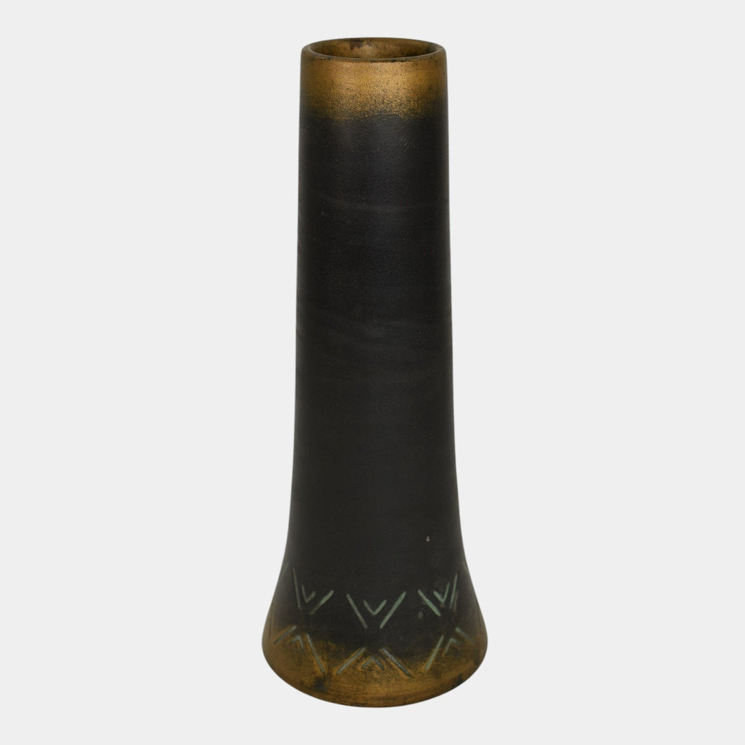 Norse 1900s Vintage Art Pottery Bronze Ware Black Ceramic Incised Vase 43 - Just Art Pottery