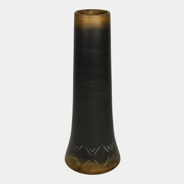 Norse 1900s Vintage Art Pottery Bronze Ware Black Ceramic Incised Vase 43 - Just Art Pottery