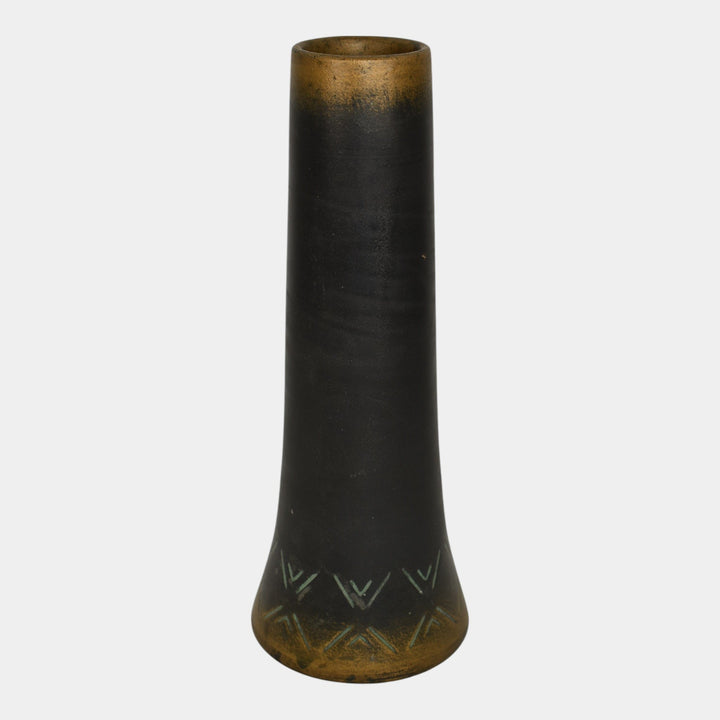 Norse 1900s Vintage Art Pottery Bronze Ware Black Ceramic Incised Vase 43 - Just Art Pottery