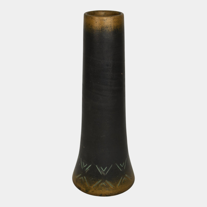 Norse 1900s Vintage Art Pottery Bronze Ware Black Ceramic Incised Vase 43 - Just Art Pottery