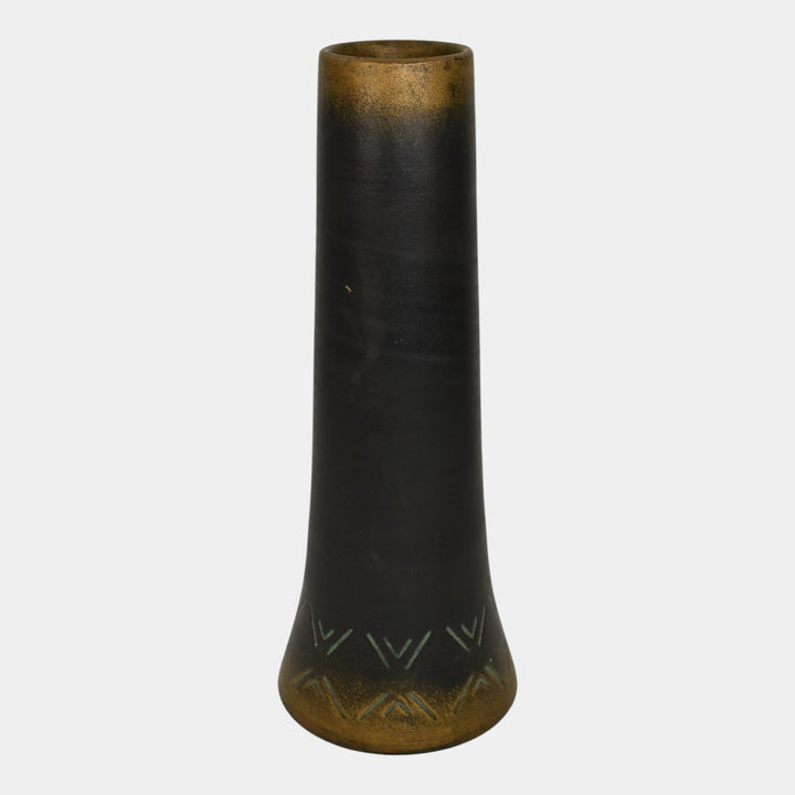 Norse 1900s Vintage Art Pottery Bronze Ware Black Ceramic Incised Vase 43 - Just Art Pottery