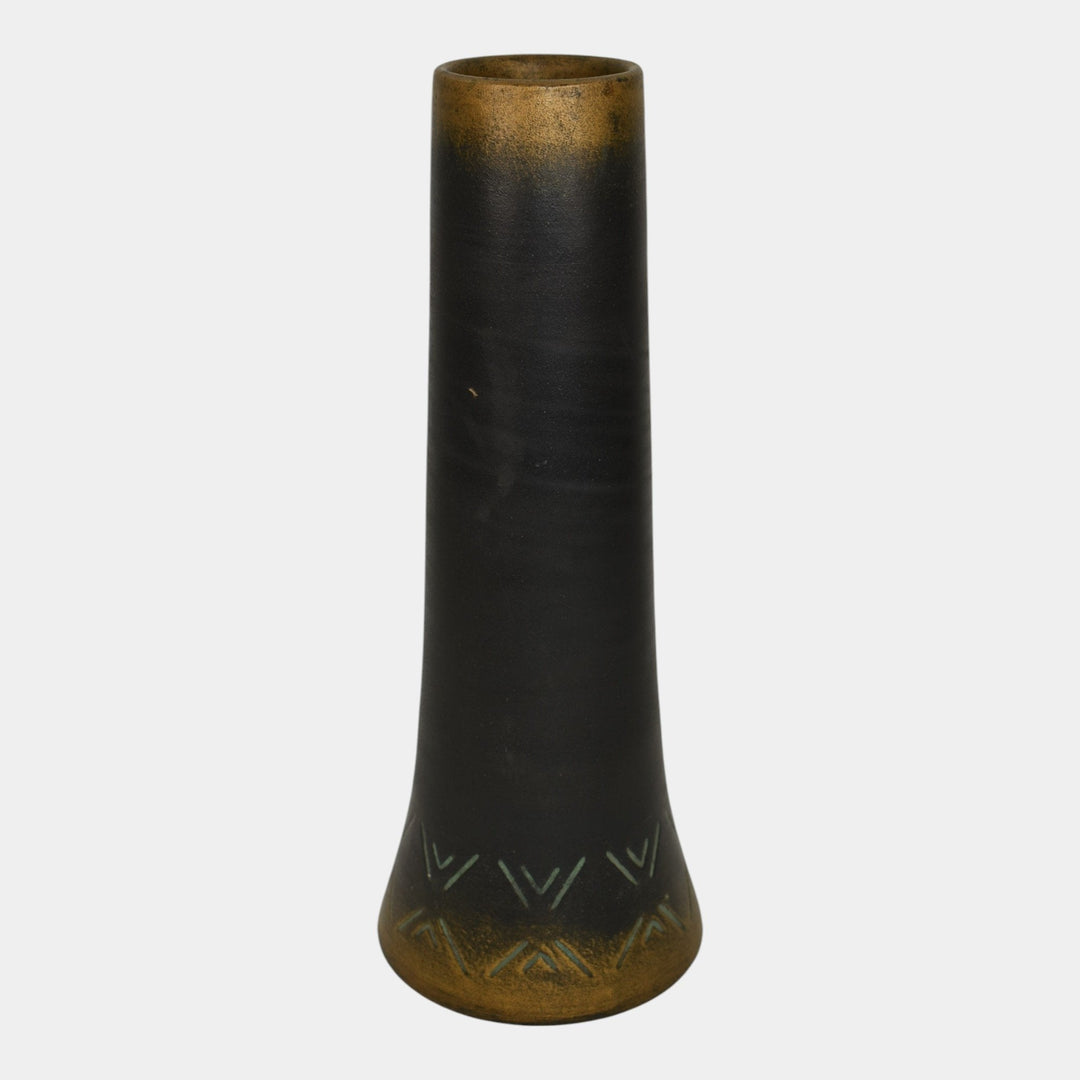 Norse 1900s Vintage Art Pottery Bronze Ware Black Ceramic Incised Vase 43 - Just Art Pottery