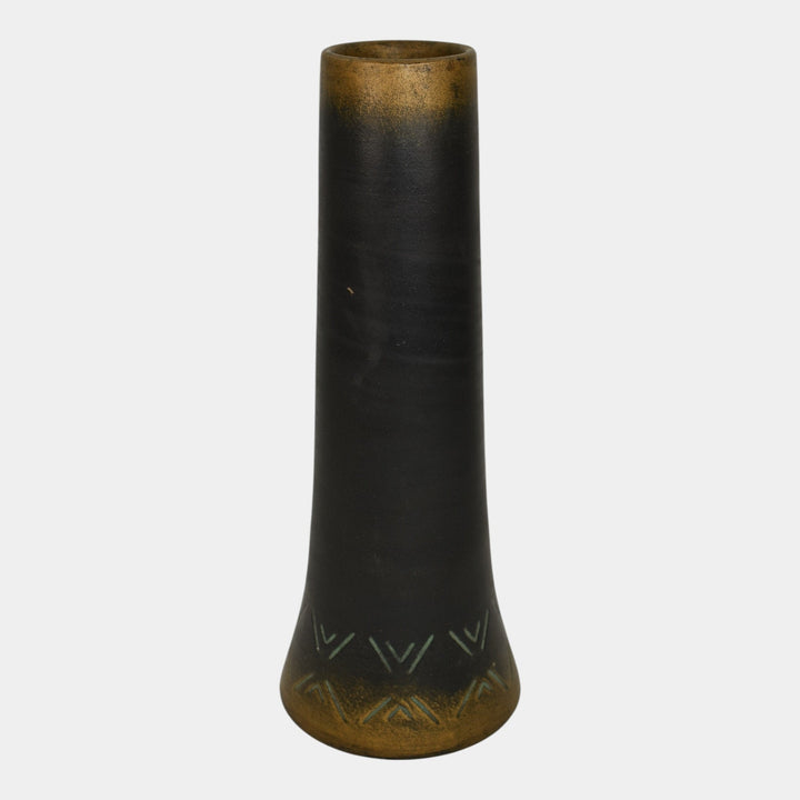 Norse 1900s Vintage Art Pottery Bronze Ware Black Ceramic Incised Vase 43 - Just Art Pottery