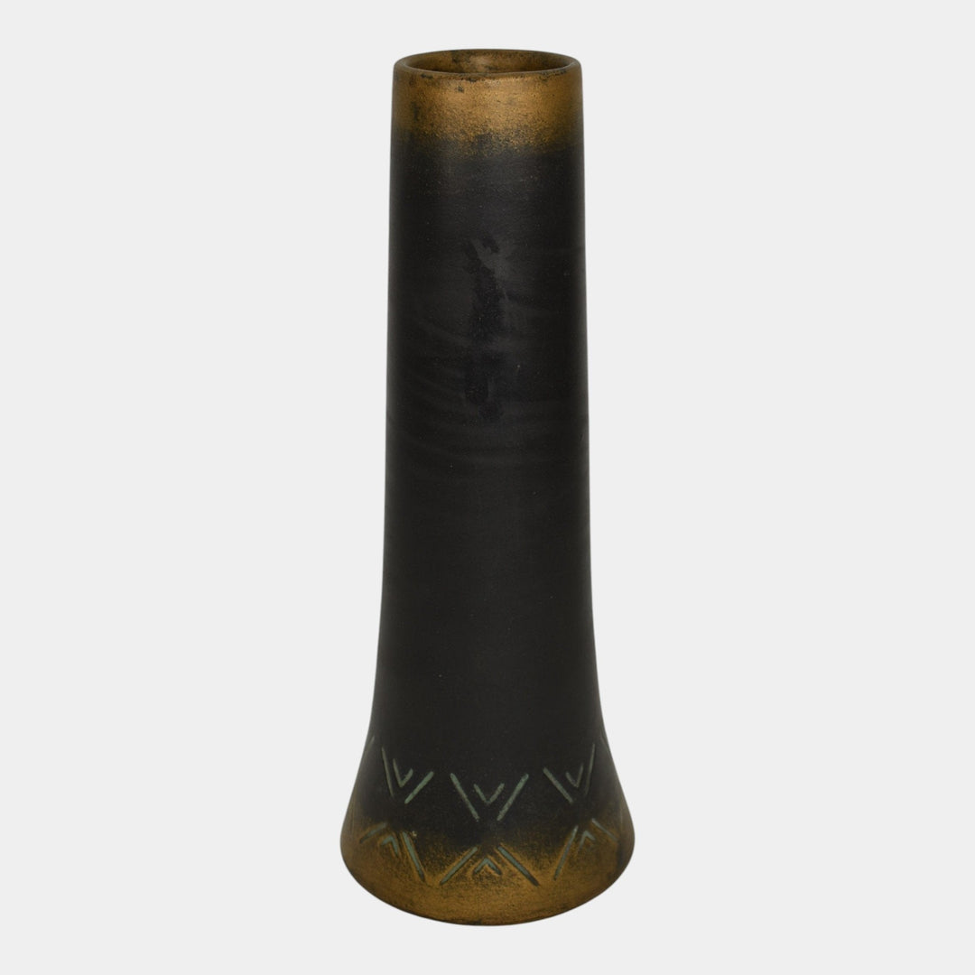 Norse 1900s Vintage Art Pottery Bronze Ware Black Ceramic Incised Vase 43 - Just Art Pottery