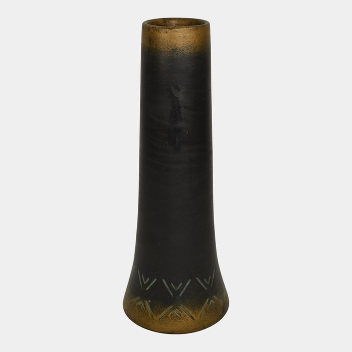 Norse 1900s Vintage Art Pottery Bronze Ware Black Ceramic Incised Vase 43 - Just Art Pottery