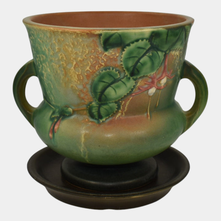 Roseville Fuchsia Brown 1938 Art Pottery Ceramic Flower Pot Planter Saucer 646-5