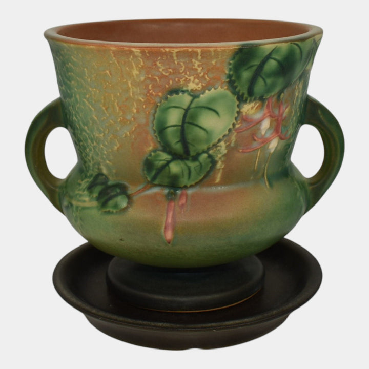 Roseville Fuchsia Brown 1938 Art Pottery Ceramic Flower Pot Planter Saucer 646-5