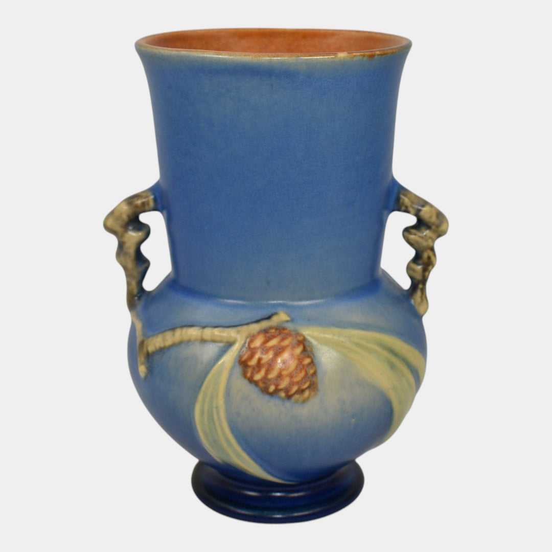Roseville Pine Cone Blue 1940 Vintage Art Pottery Handled Ceramic Vase 839-6