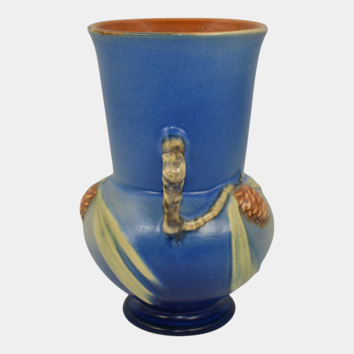 Roseville Pine Cone Blue 1940 Vintage Art Pottery Handled Ceramic Vase 839-6