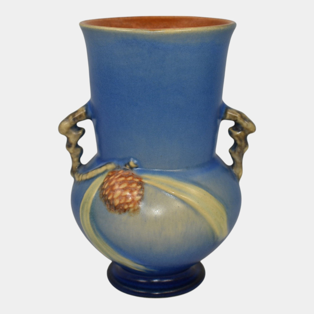 Roseville Pine Cone Blue 1940 Vintage Art Pottery Handled Ceramic Vase 839-6